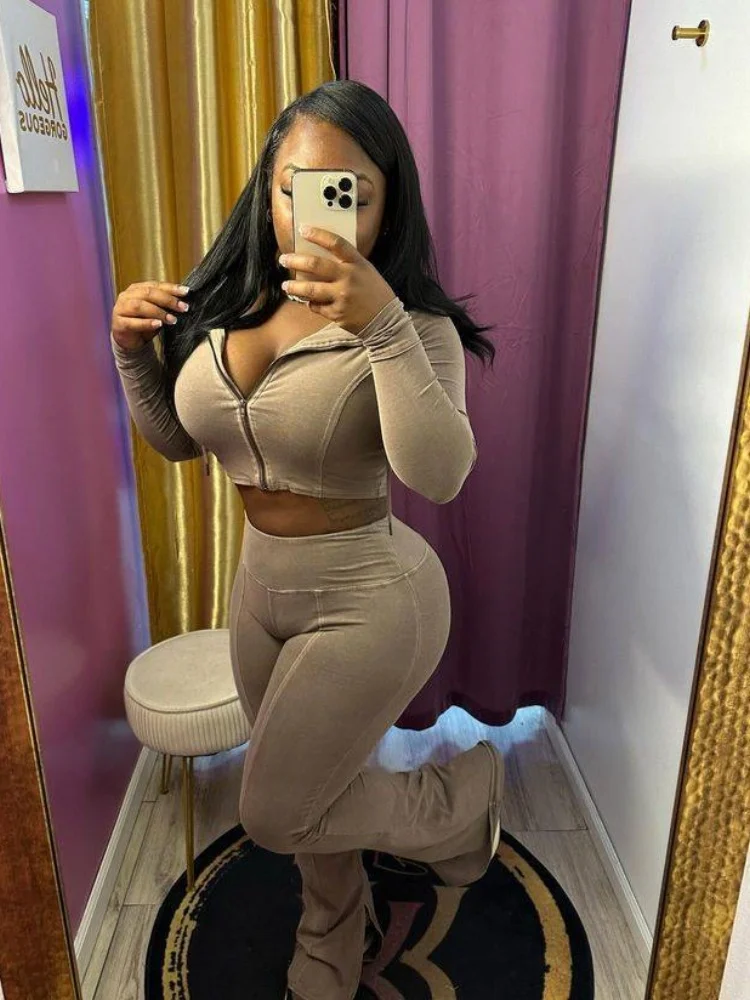 

Женский костюм Sister Star, модный повседневный однотонный потертый длинный брюки с высоким эластичным разрезом, элегантный спортивный костюм из двух предметов