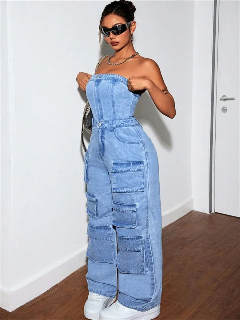 Streetwear Denim Strapless Jumpsuits Summer Clothes Women 2025 Multi Pockets Cargo Jeans Long Rompers One Pieces Overalls Outfit