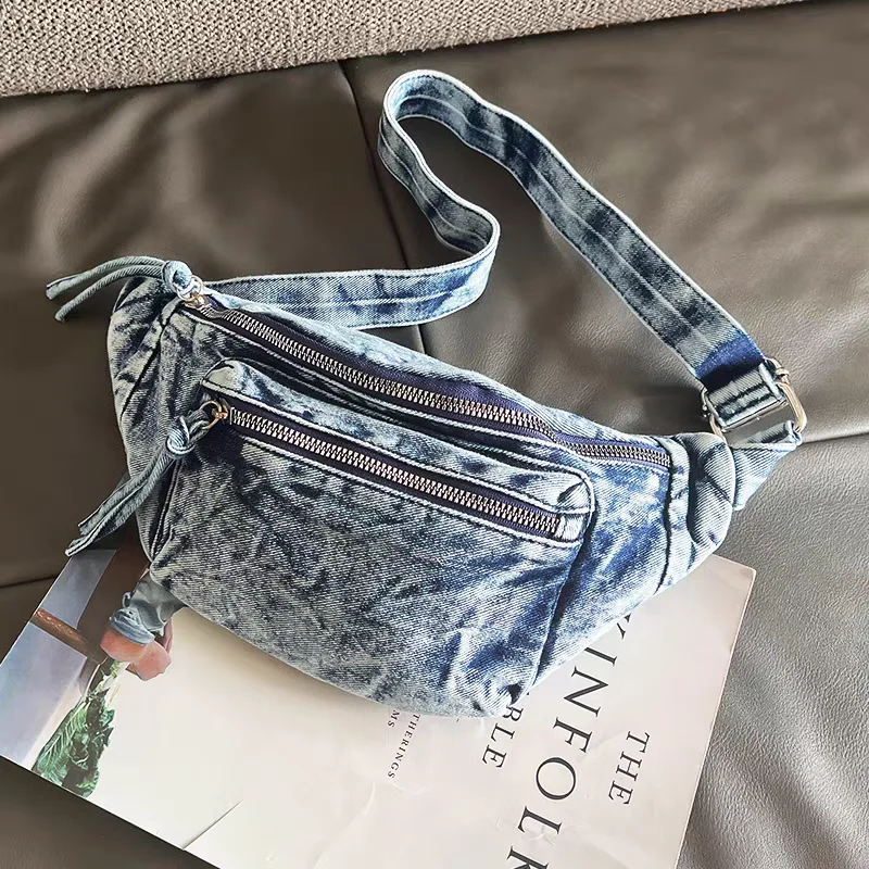 

Retro denim breast bag versatile classic one-shoulder denim waist bag light American small bag denim casual sports shoulder bag