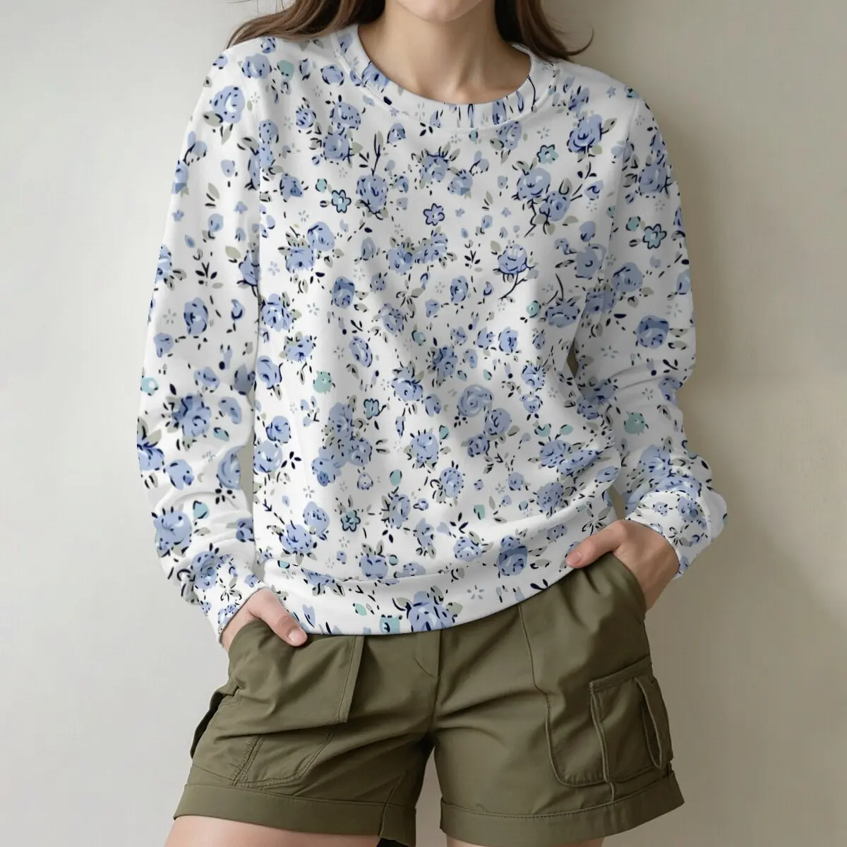 Floral print crew neck women's sweatshirt, all-over floral print, summer commuting, gentle style top