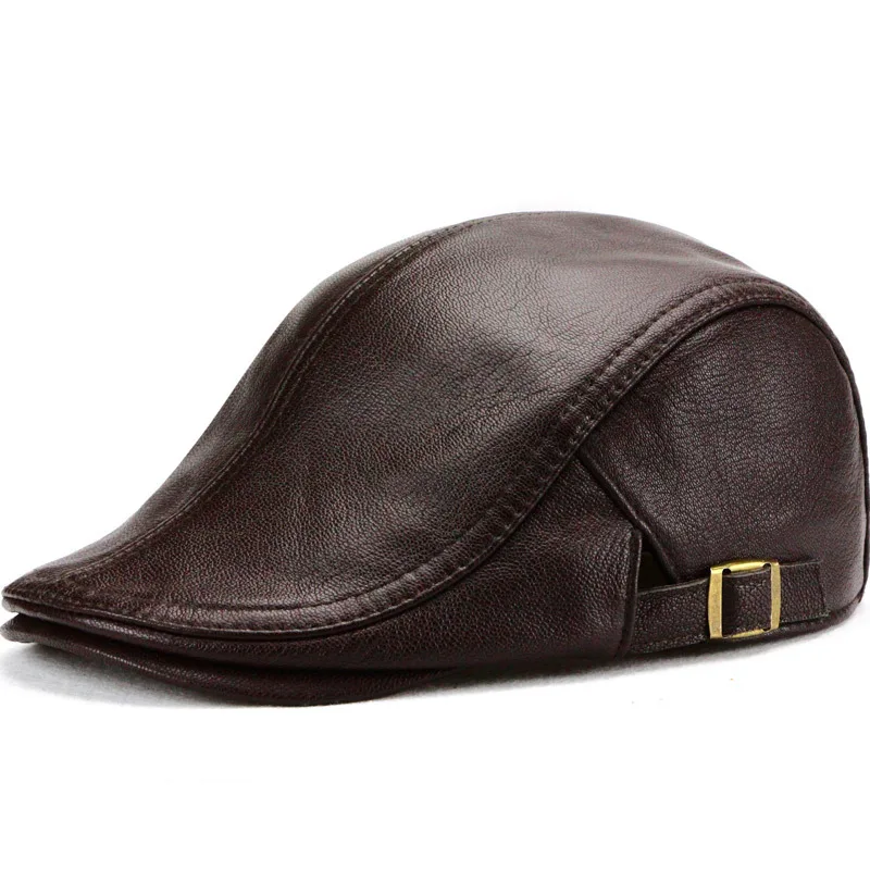 Men's Adjustable Genuine Leather Ivy Cap Newsboy Sheepskin Flat Cap Gatsby Cabbie Driving Hat for Casual Wear
