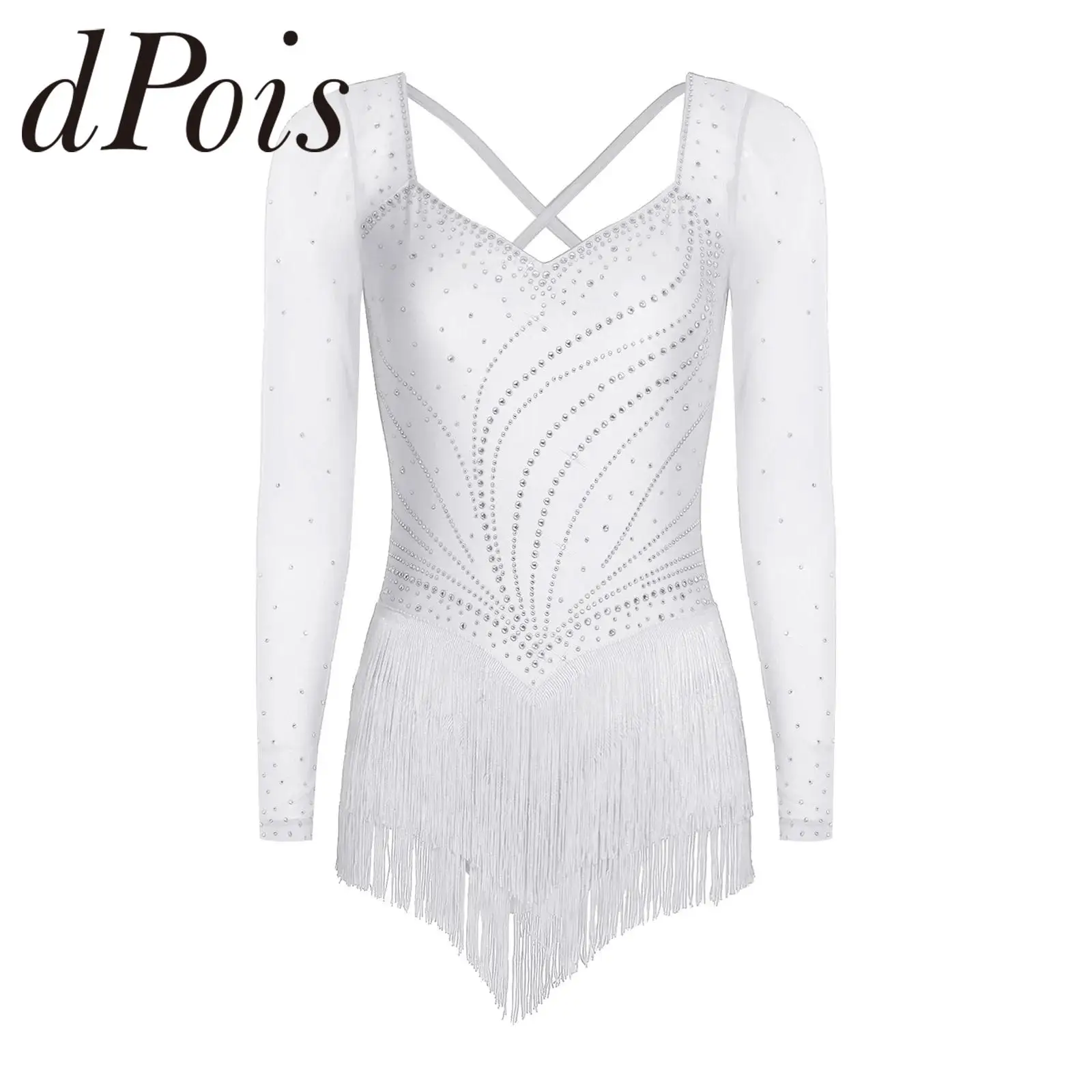 

Womens Mesh Tassel Hem Latin Dance Leotard Dress Figure Skating Tango Rumba Dance Costume Tango Dancewear Rhinestone Jumpsuit