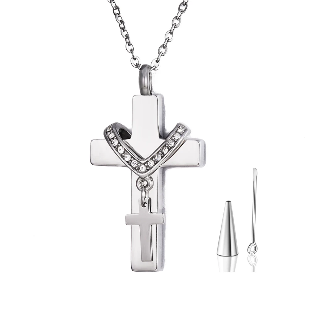 Urn Necklace for Ashes Double Cross Stainless Steel Cremation Keepsake Jewelry for Human Pet Memorial Funeral Pendant Unisex