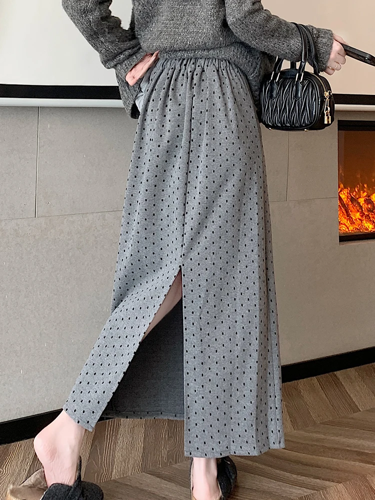 Elastic High Waist Polka Dot Skirts Women Back Split Straight Skirts Elegant Casual Long Skirt Maxi Korean Fashion Black Skirt