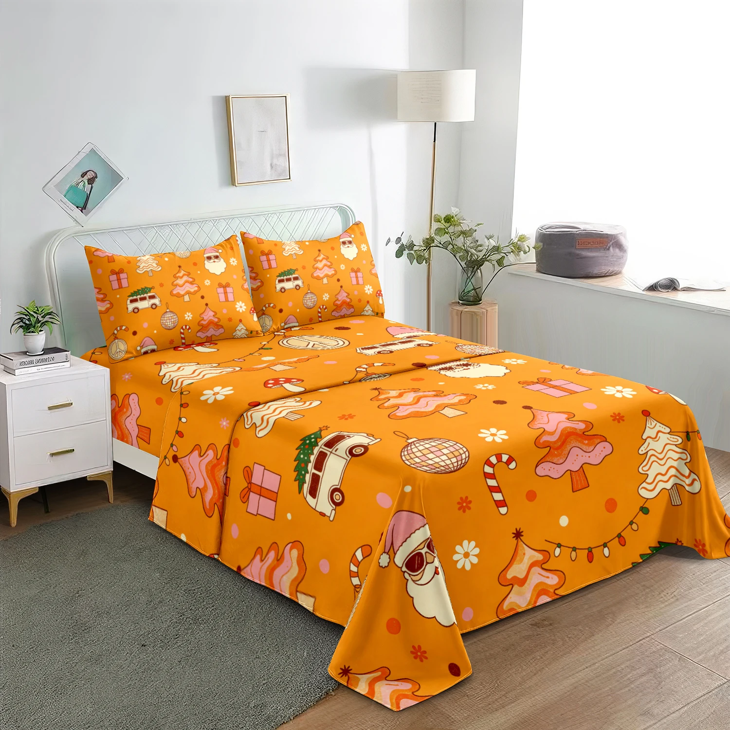 4Pcs Retro Christmas Bedding Set, Orange Pink Xmas Tree Print Fitted Sheet Flat Sheet, For Family Bedrooms Dormitories Hotels