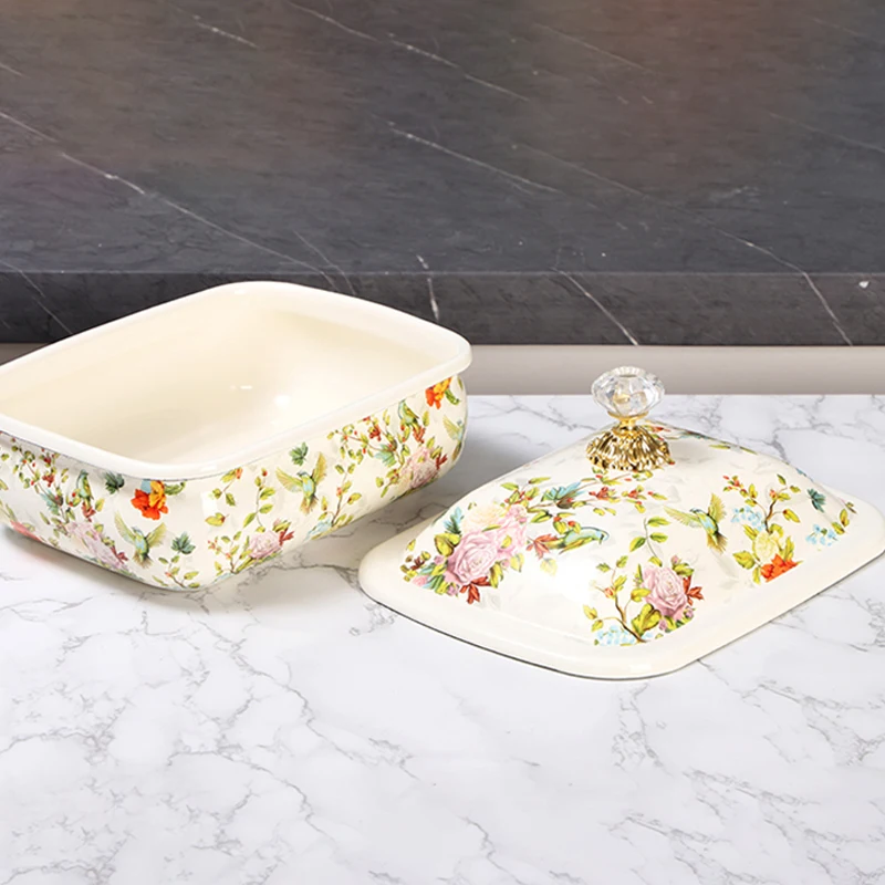 Bacino di zuppa smaltato con coperchio extra lavabo smaltato spesso modello di uccello fiore Vintage organizzatore di immagazzinaggio della cucina stoviglie per feste