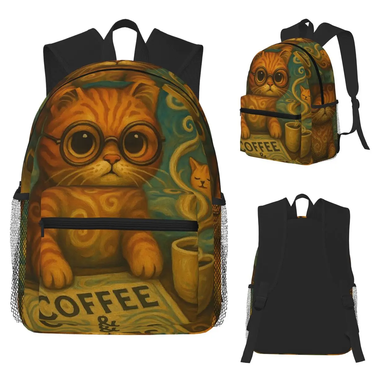 

Кофейный кот, студенческий рюкзак, школьная сумка, походный дорожный рюкзак для мужчин и женщин, модная сумка для книг, сумки на плечо