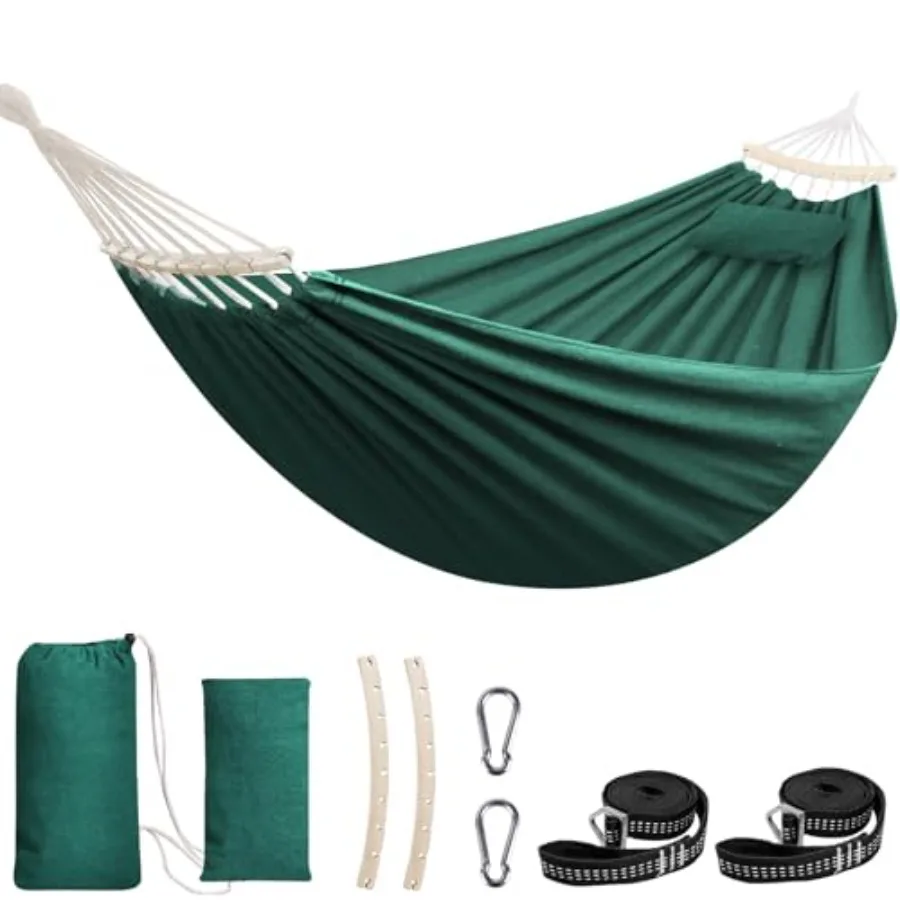 Cotton Hammock 8.9x4.9ft Holds Up to 660lbs Prevents Side-Tipping Soft Fabric Tree Hammock Camping with Bag Detachable Spreader
