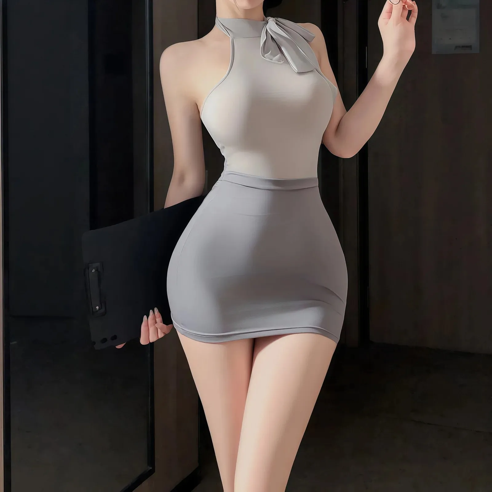 Sexy Secretary Skirt Sets Hollow Out Uniform Lace Pure Desire Skirt Sets Hanging Neck Off-the-shoulder Backless Sleeveless 1QBN view 3