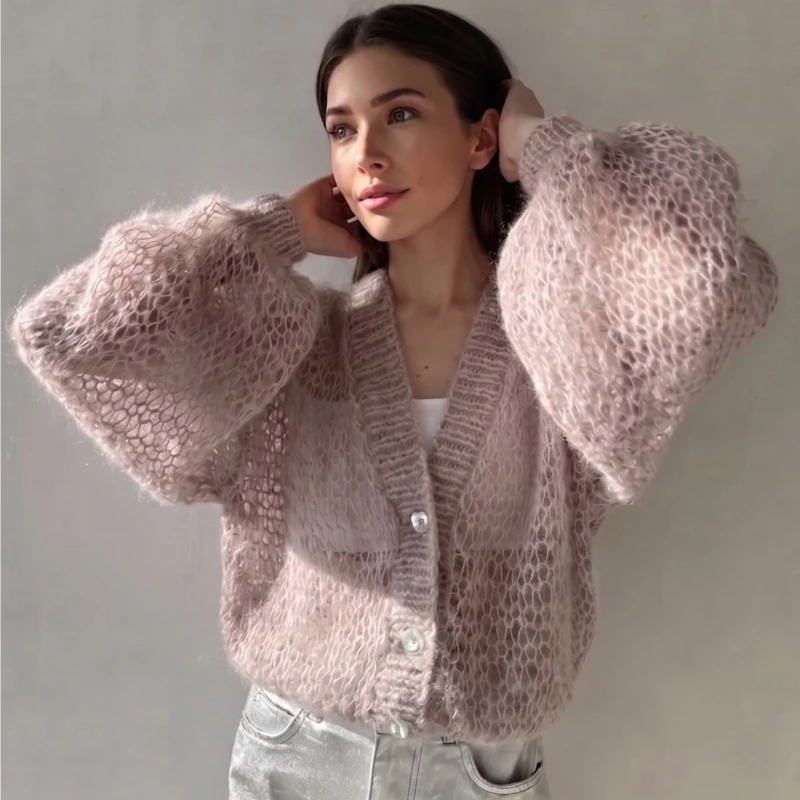 TARUXY Fashion V Neck Long Sleeve Cardigan Womens's Knit Hollow Out Solid Sheer Loose Casual Sweater Coat Autumn Winter 2026 New