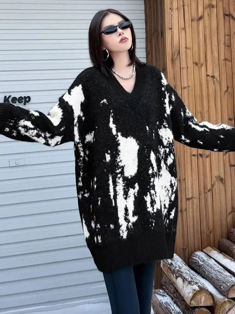 

Желтый жаккардовый вязаный свитер большого размера с v-образным вырезом и длинными рукавами, женские пуловеры, новая мода, весна-осень