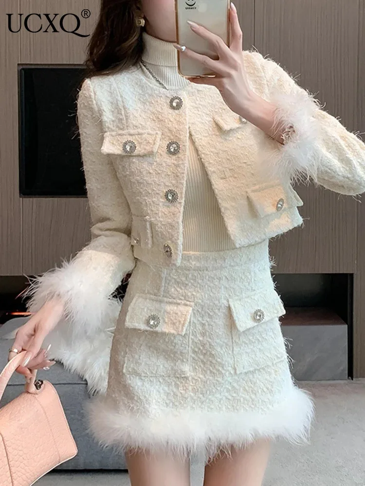 UCXQ Elegant Women\'s Sets European Style Feather Splicing O Neck Coat Short Skirt Fashion Two Piece Set 2024 Spring Autumn C2334