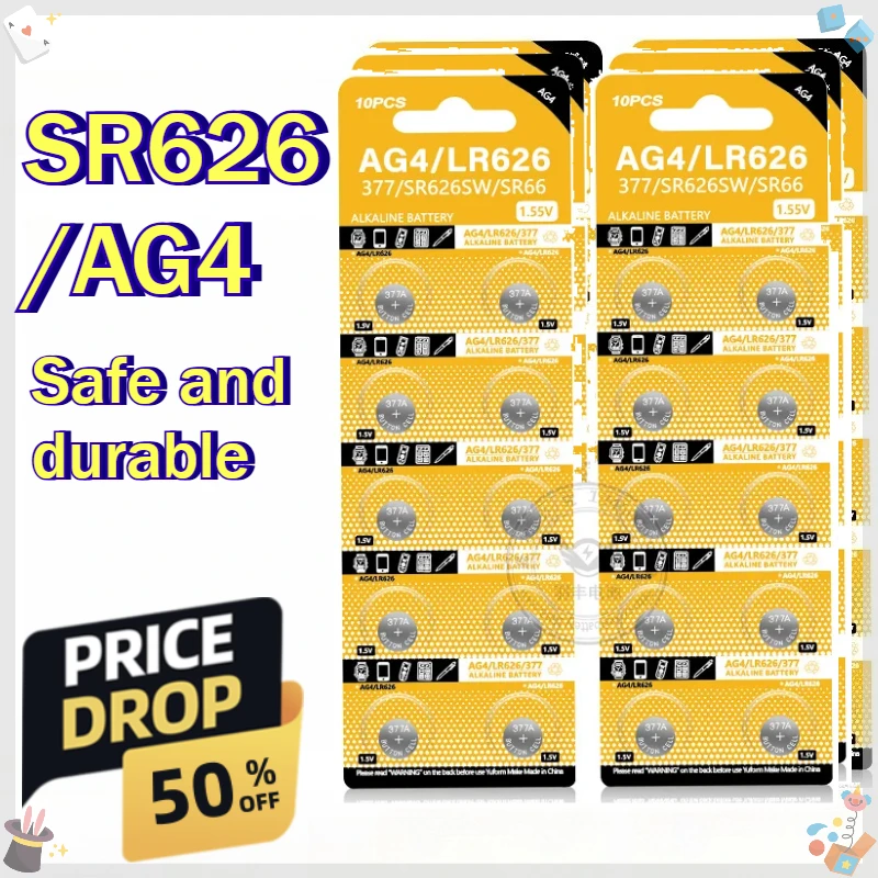 

10-200pcs AG4 Alkaline Coin Cell LR626 377 SR626 177 626A 377A CX66W Button Battery for Toy Calculator Car Key Clock Watch 1.55V