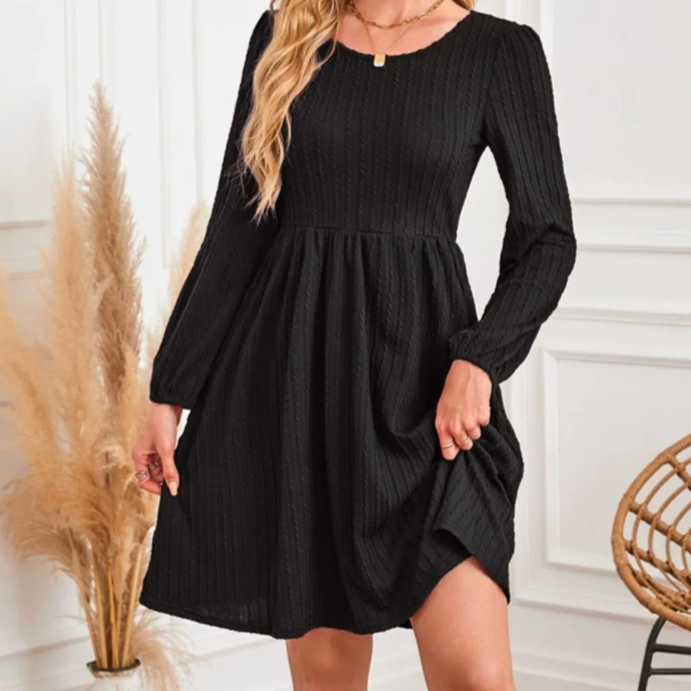 女性のファッションカジュアルコンフォートラウンドネックポケットニット長袖Aラインドレスポケット付きソリッドカラーカジュアル多用途