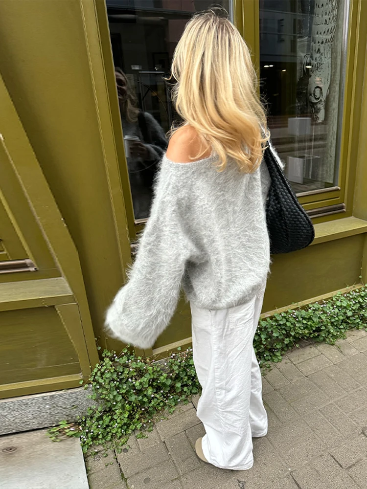 Fashion Off-Shoulder Sweater Women's Solid Loose Fuzzy Long Sleeve All-match Pullover 2025 Autumn New Ladies Casual Tops