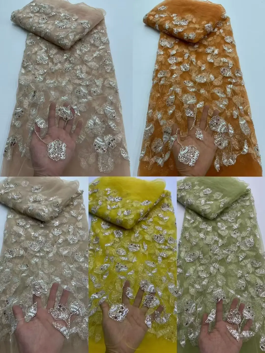 5Yards/Lot Fashionbale Crystal And Sequins Style Flower African Mesh Lace Fabric French Net Cloth For Dressing RF3