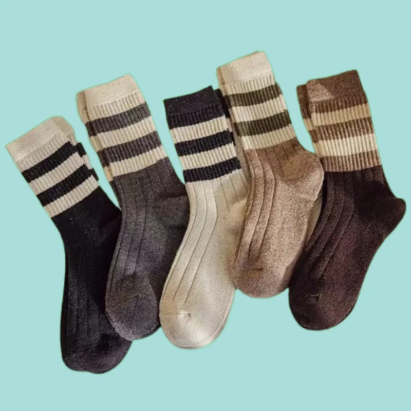 

5/10 Pairs 2024 New Striped Forest Style Pile Socks Retro Japanese Style Thickened Socks With Shark Pants Women's Mid-tube Socks