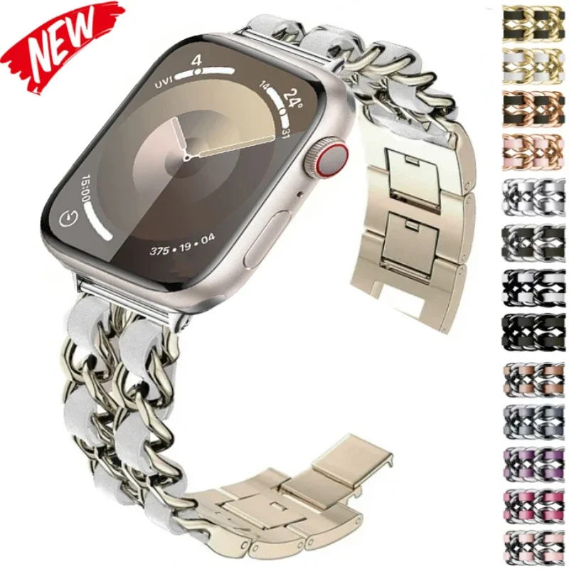 Металлический + кожаный ремешок для Apple Watch Ultra 10 9 8 7 6 5 4 SE Женский браслет для браслета 49 мм 46 мм 45 мм 44 мм 42 мм 41 мм 40 мм