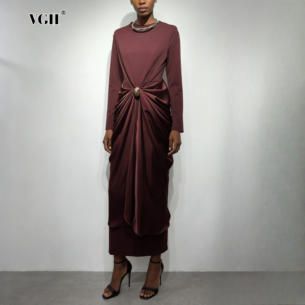 

Элегантное женское платье VGH с плиссировкой и вставками, с круглым вырезом, длинным рукавом, в винтажном стиле, для весеннего сезона