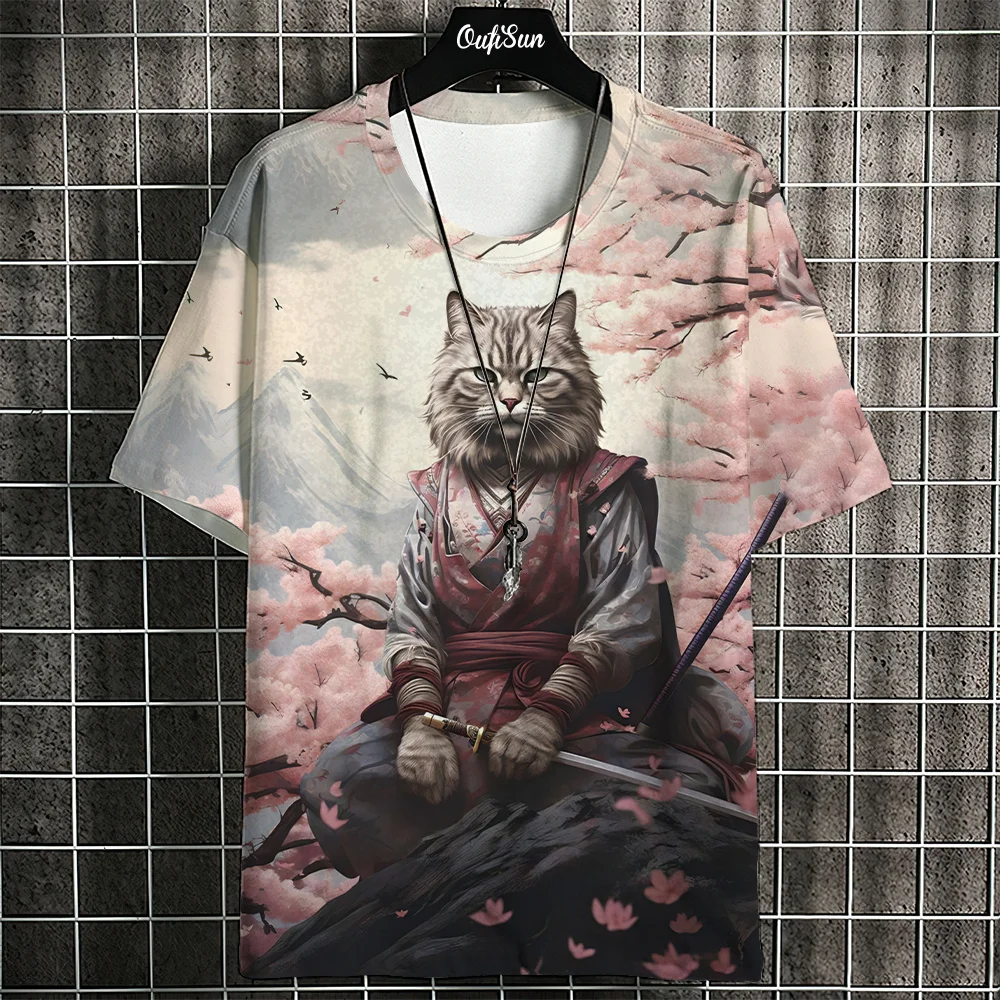 Cartoon Animal Men\'s T-Shirt Japanese Style Cat Printing T-Shirts Casual Loose Short Sleeve Tees Oversized Men Clothing Tops New