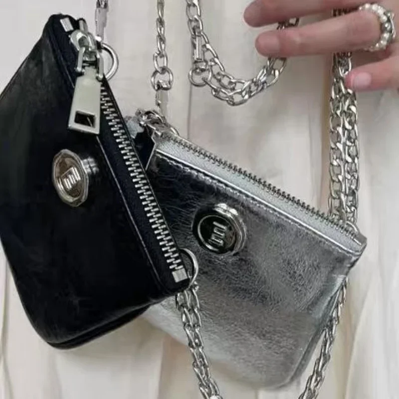 Korean Ins Fashion Mini Shoulder Bags PU Black Silver Zipper Cross Body Bag for Women Lipstick ID Credit Card Money Storage Bags