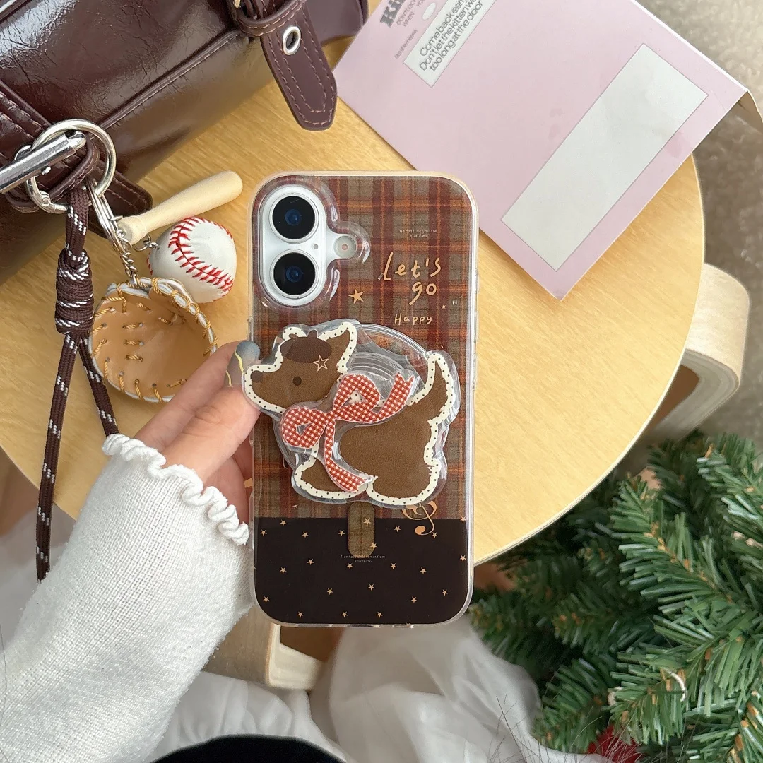 

Christmas Cute Cartoon Puppy Animal Magnetic Bracket Phone Case For iPhone 17 Air 16 15 14 Pro Max Plus Shockproof Soft Cover﻿