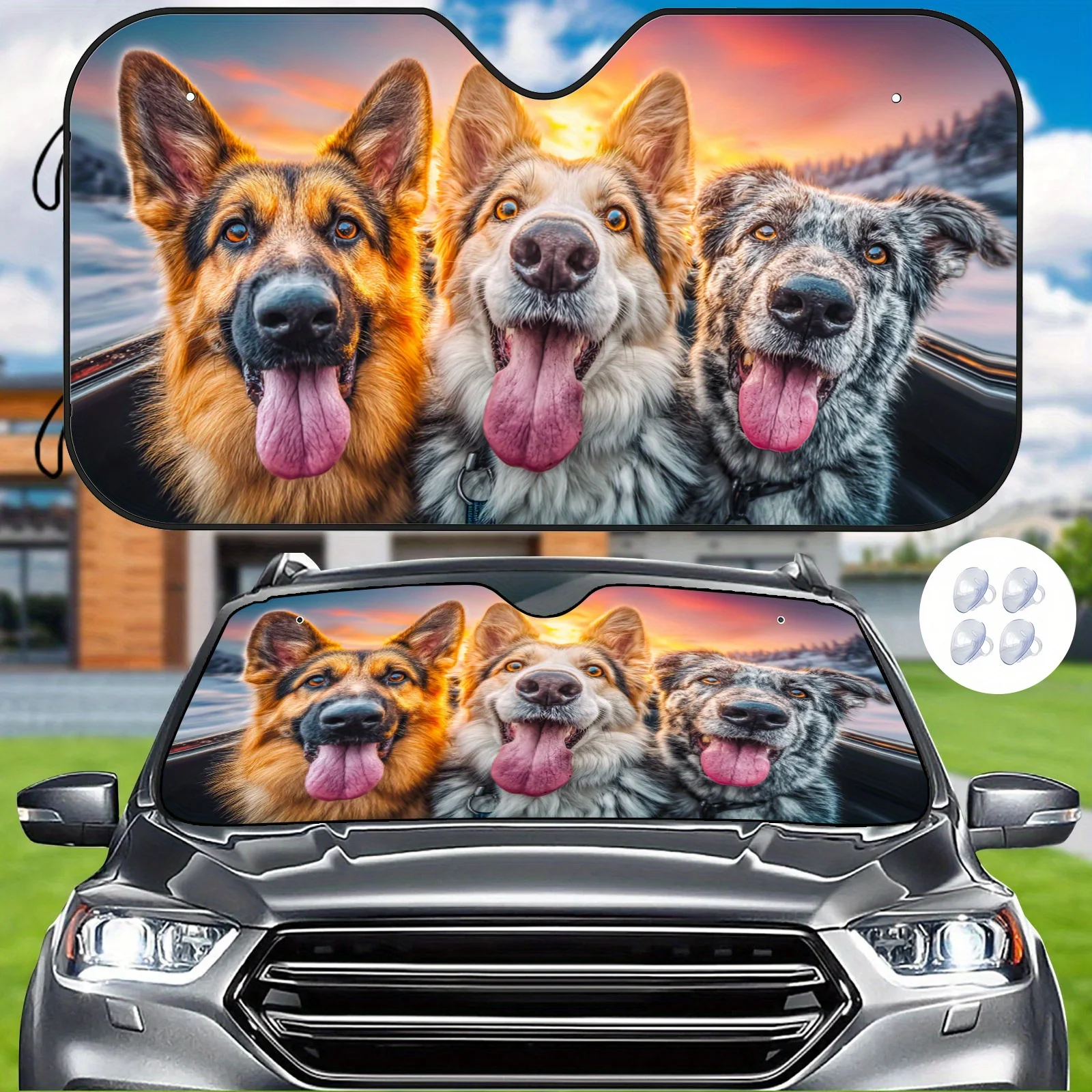 Happy Dog Team Car Sunshade, Featuring A Cute Trio Of Dogs In A Car Design, Provides Heat Insulation And Sun Protection To Regul