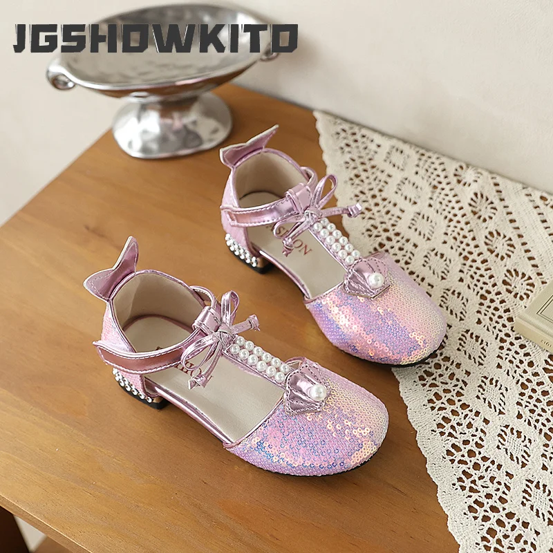 JGSHOWKITO Summer Kids Sequin Mary Jane Sandals Princess Pearl Bow Girls Perform Low Heel Sandals Children Wedding Party Shoes