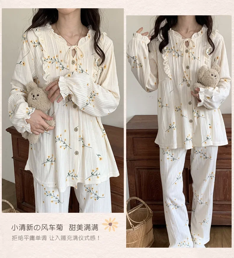 Autumn Knitted Cotton Leisure Lounge wear Pajamas Woman Fashion Sleepewear Suit Long Sleeve Print Female Loungewear