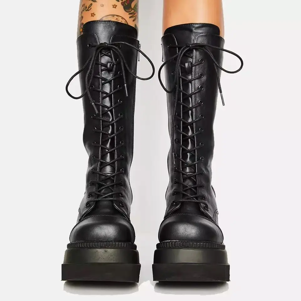 

Women High Wedges Heel Punk Goth Zipper Mid Calf Boots Lace-up Chunky Shoes Autumn Winter Casual Boots