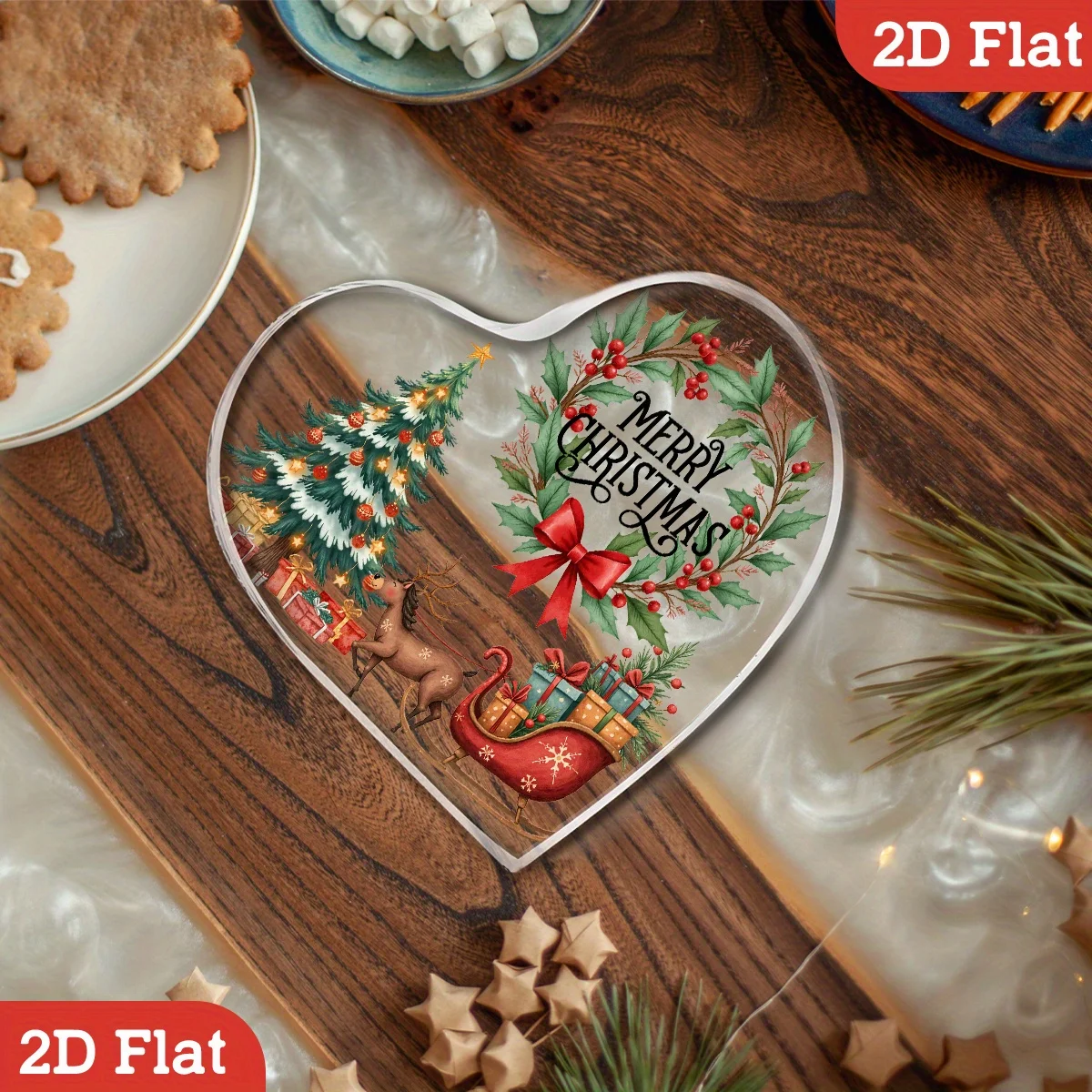 Merry Christmas Heart‑Shaped Acrylic Plaque, Wreath Reindeer Sleigh Christmas Tree Table Decor Traditional Xmas Scene Heart Acrylic Sign, Holly Berry Bow Desktop Ornament