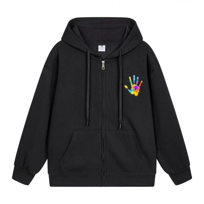 

Men's Zip-Up Hoodie Colorful Handprint On Black Hoodie 2025 New Style Casual Couples’ Style Couples’ Style