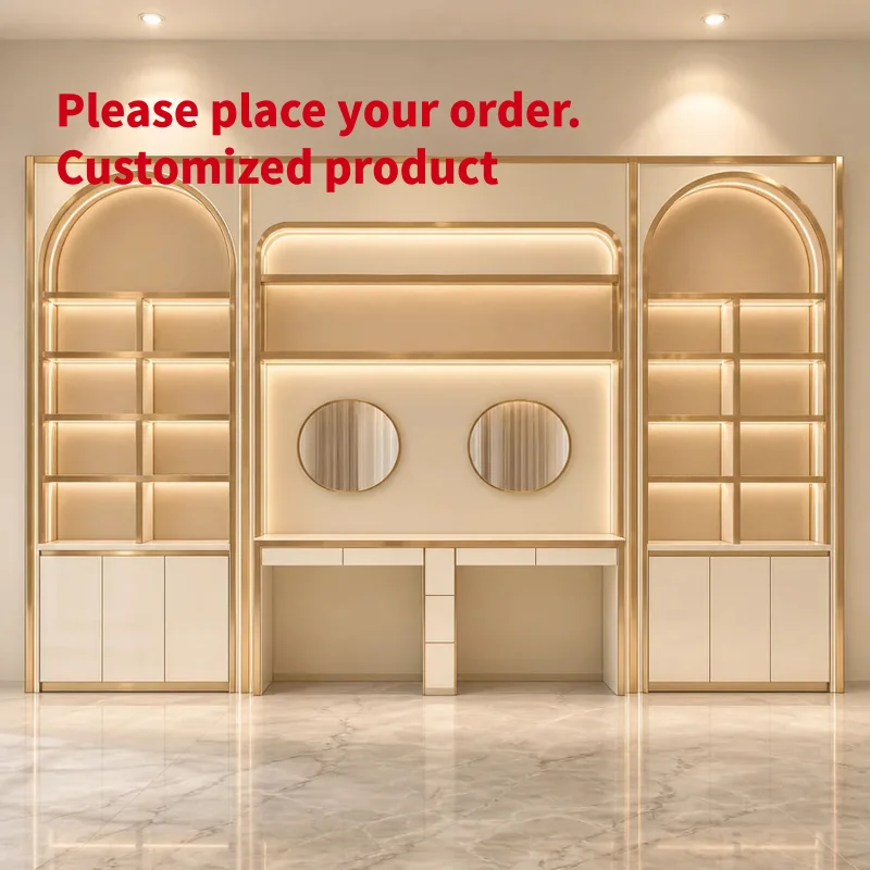 custom.Dressing Room Vanity Display Cabinet Arched LED Backlit Glass Shelving Showcase Rose Gold Trim Circular Mirrors Luxury Fu
