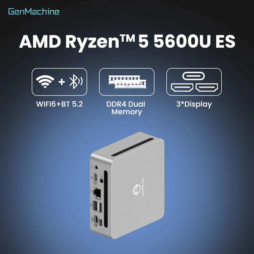 15W Low Power, Radeon GPU, 4K HDMI, WiFi6, Compact Diy Gaming Computer Genmachine Ryzen 5 5600U ES Mini PC - 6 Core 12 Thread