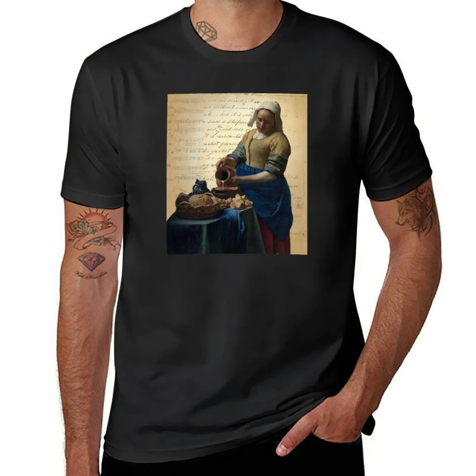 Vermeer’s Milkmaid Painting on Antique Paper Collage T-Shirt anime clothes tops sports fans big and tall t shirts for men