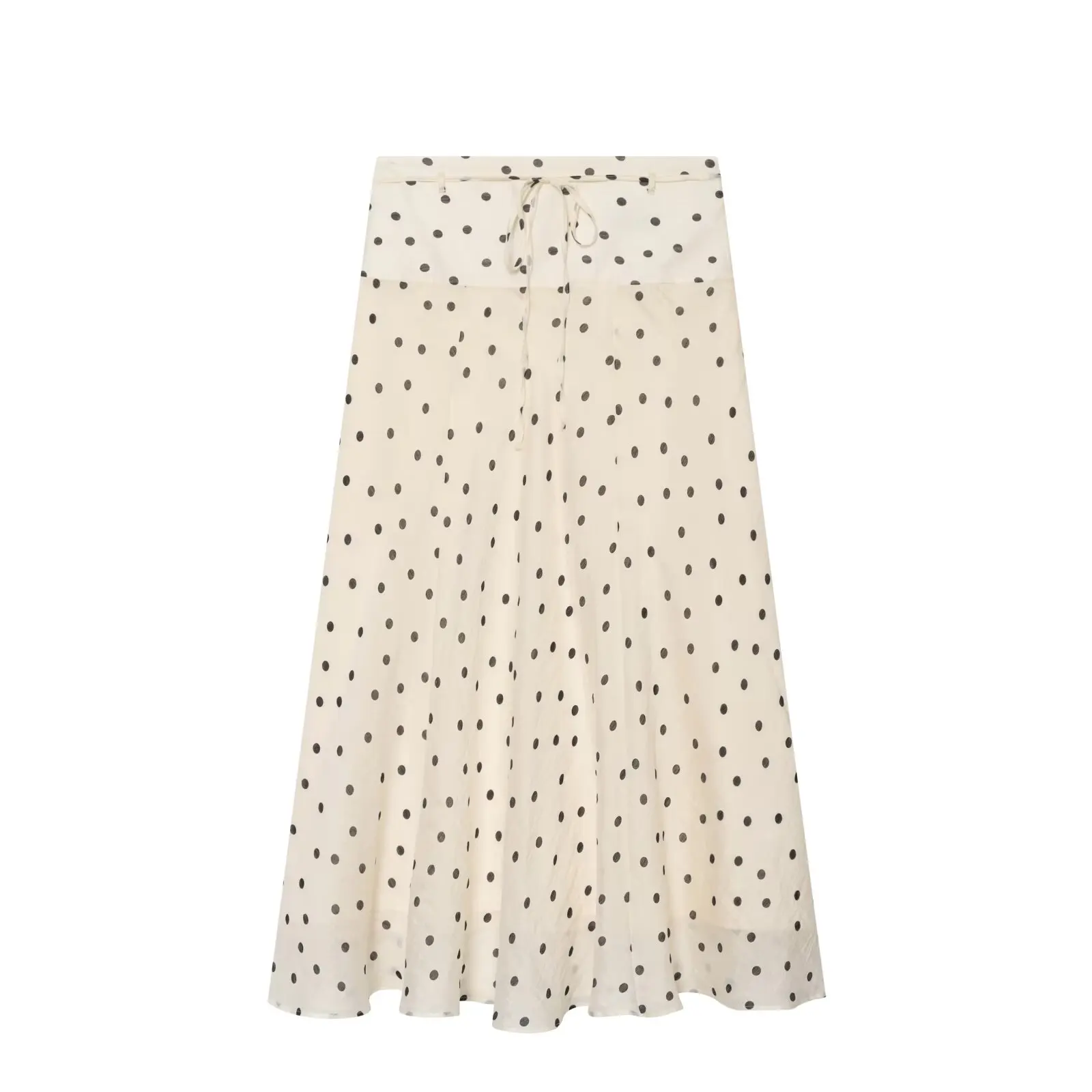 2026 Summer Women's Chic Sweet Beige Polka Dot Print Midi Skirts Office Lady Vintage Elegant A-line Ruffles Long Lace-up Skirts