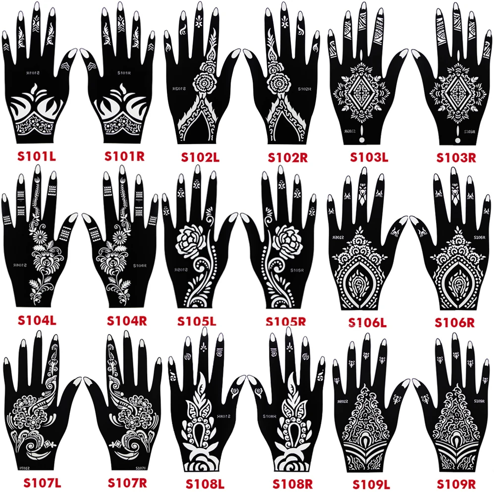 20 pçs/lote Grande Mehndi Henna Tatuagem Stencils Kit Flor Glitter Airbrush Indiano Modelos de Henna Estêncil para Pintura À Mão