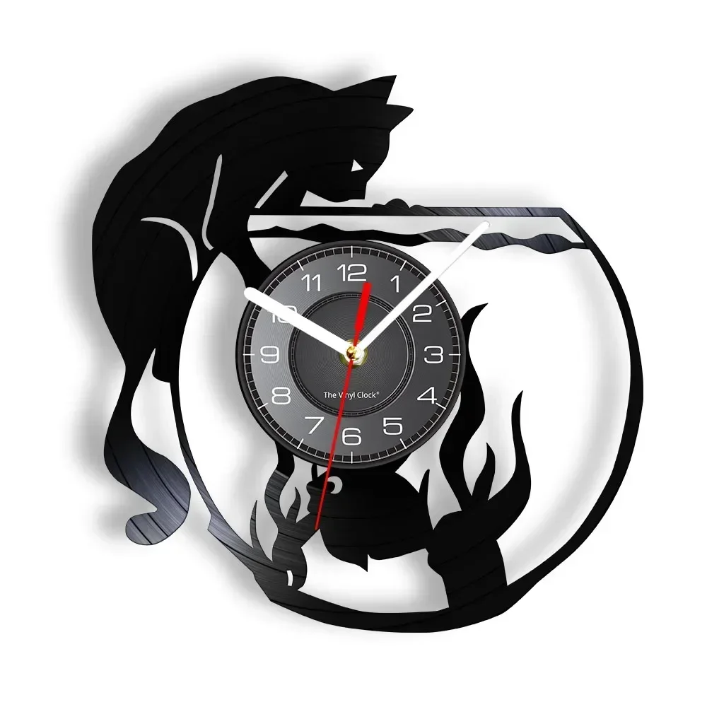 Cat Fishing Art Living Room Silent Quartz Wall Clock Home Decoration Fish Tank Cat Vinyl Recording Clock Retro Art Watch