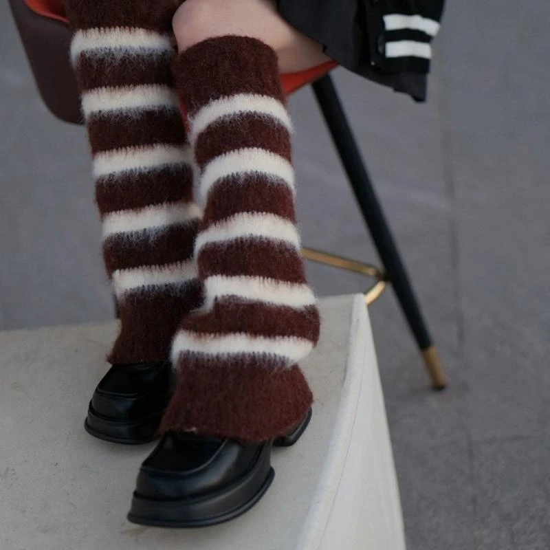 Women Furry Leg Warmer Colorblock Striped Flared Hem Cover High Tube Socks 15UB