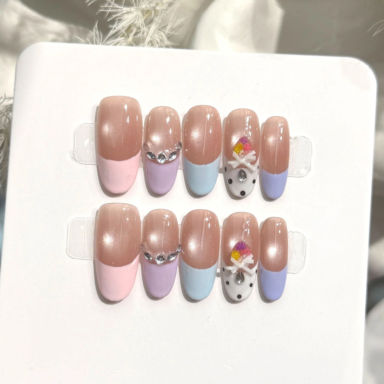 10pcs Handmade Press On Nails Sweet Macaron French Gradient False Nails With Bow Rhinestone Decor For Party Wedding Daily Wear