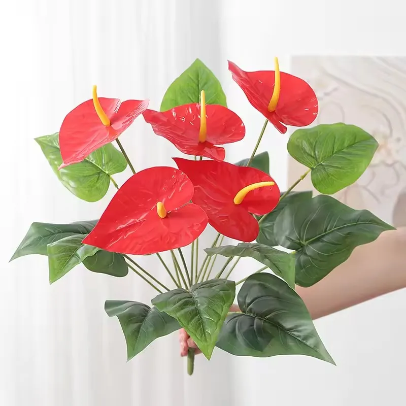 50cm Artificial 5 cabezas Anthurium Monstera hojas Palm Fronds planta verde falsa planta grande para decoración de cerámica de jardín doméstico