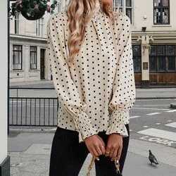 2024 Women's shirt fashion polka dot print design shirt new lantern long sleeve high neck women's casual breathable top fiber ma