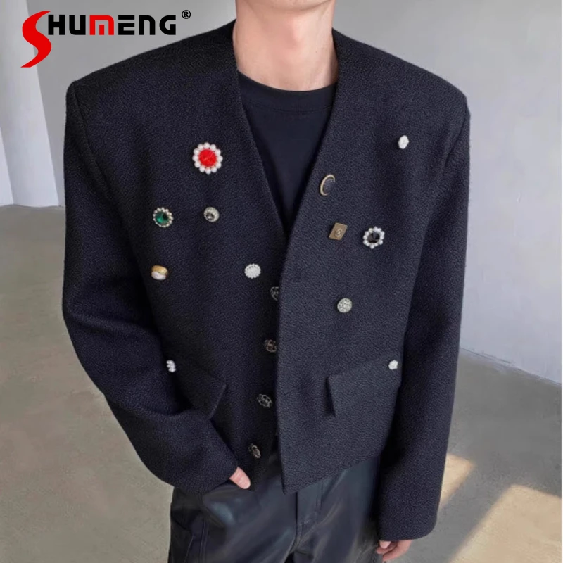 

Men's 2025 Spring Autumn New Trendy Handsome Light Luxury High-end Short Suit Jackets Button Design Small Fragrant Jacket Coats