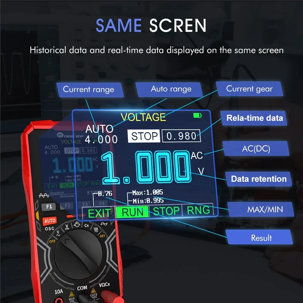 TOOLTOP ET2010A 1MHz 2.5Mps/s Handheld Oscilloscope 4000 Counts Multimeter Voltmeter Ammeter Auto Electrical DIY Oscilloscope