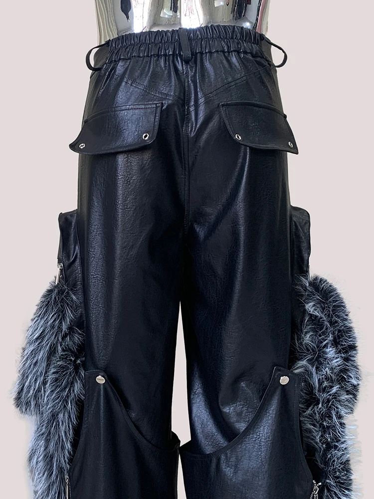 

Nerazzurri Autumn Cool Baggy Faux Fur Patchwork Pu Leather Wide Leg Cargo Pants Men Luxury Designer European Emo Streetwear 2025