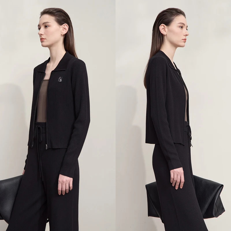 Kardigan damski AMII na jesień 2025, nowy minimalistyczny, casualowy, dopasowany kardigan damski zapinany na zamek, dzianinowy sweter damski z długim rękawem 12543128