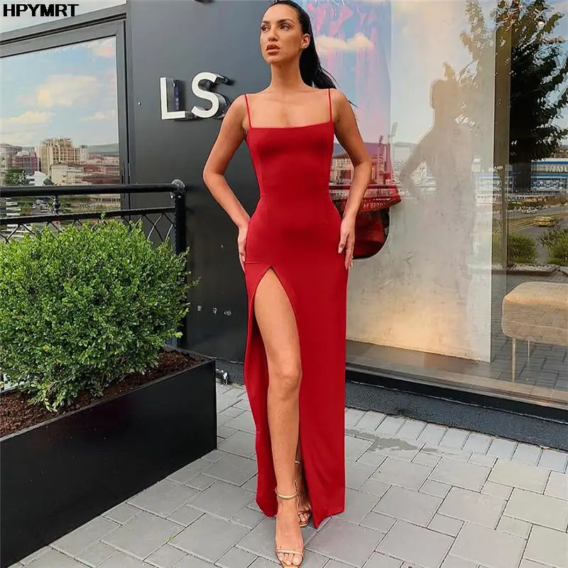 Backless Sexy Strap Split Summer Dress Women Elastic Long Dresses Sleeveless Camisole Clubwear Evening Party Dress Women's Robe