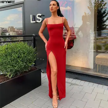 Image Backless Sexy Strap Split Summer Dress Women Elastic Long Dresses Sleeveless Camisole Clubwear Evening Party Dress Women's Robe