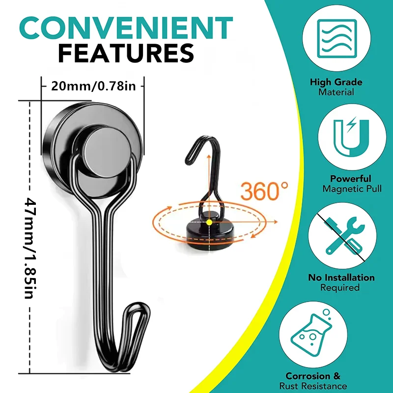 360 ° دوران 20 مللي متر خطاف مغناطيسي قوي الثقيلة مغناطيس قوي خطاف دوار للمنزل مدرسة المطبخ تخزين متعدد الأغراض #2