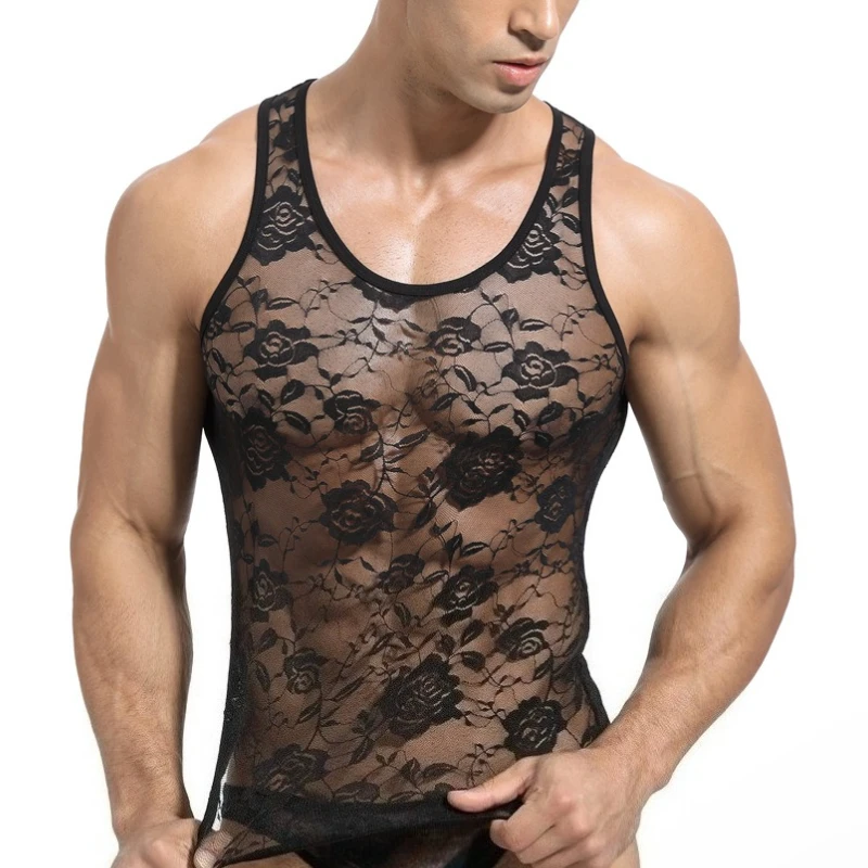 

Men Sexy Gym Muscles Tight High Elastic Sleeveless Tops Round Neck Sexy Breathable Vest See Through Tank Top Erotic Lace T-shirt
